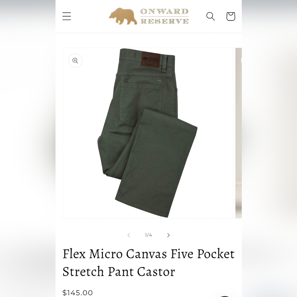 Onward Reserve Flex Micro Canvas 5 Pocket Stretch Pant. Castor. 40x30. NWT
